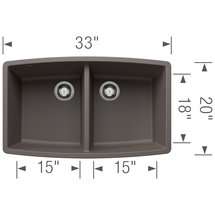 Blanco 443123 Performa SILGRANIT 33" 50/50 Double Bowl Undermount Kitchen Sink - Volcano Gray