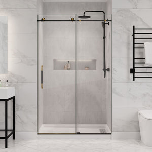 Madam Series 76-in. x 48-in. Frameless Sliding Shower Door in Matte Black/Brushed Gold