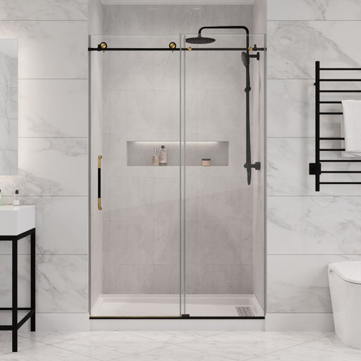 Madam Series 76-in. x 48-in. Frameless Sliding Shower Door in Matte Black/Brushed Gold