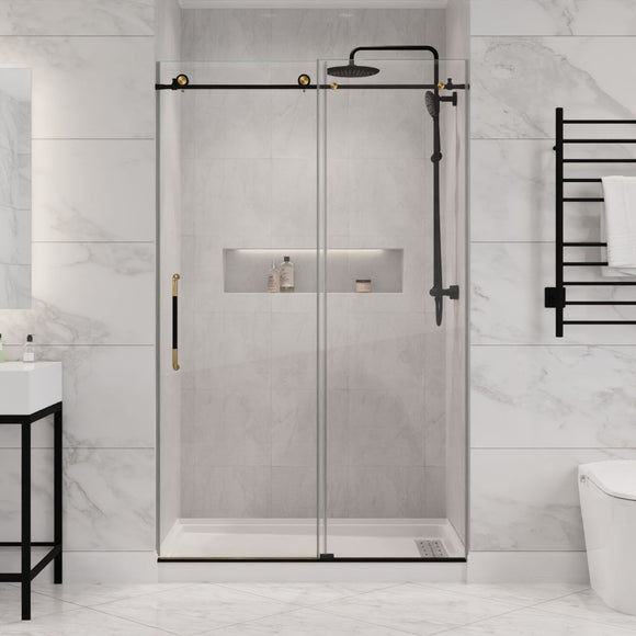 Madam Series 76-in. x 48-in. Frameless Sliding Shower Door in Matte Black/Brushed Gold