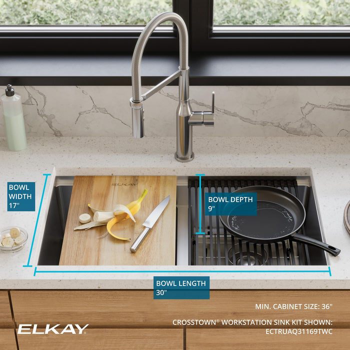 Elkay ECTRUAQ31169TWC 31-1/2" x 18-1/2" Stainless Steel Double-Bowl Undermount Kitchen Sink Kit in Polished Satin