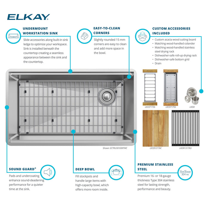 Elkay ECTRU30169RTWC 31-1/2" x 18-1/2" Stainless Steel Single-Bowl Undermount Kitchen Sink Kit in Polished Satin