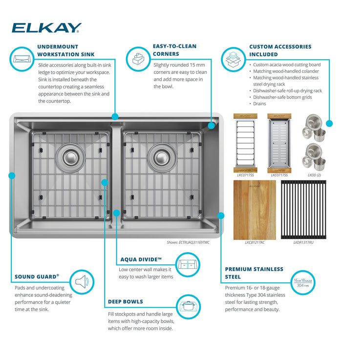 Elkay ECTRUAQ31169TWC 31-1/2" x 18-1/2" Stainless Steel Double-Bowl Undermount Kitchen Sink Kit in Polished Satin