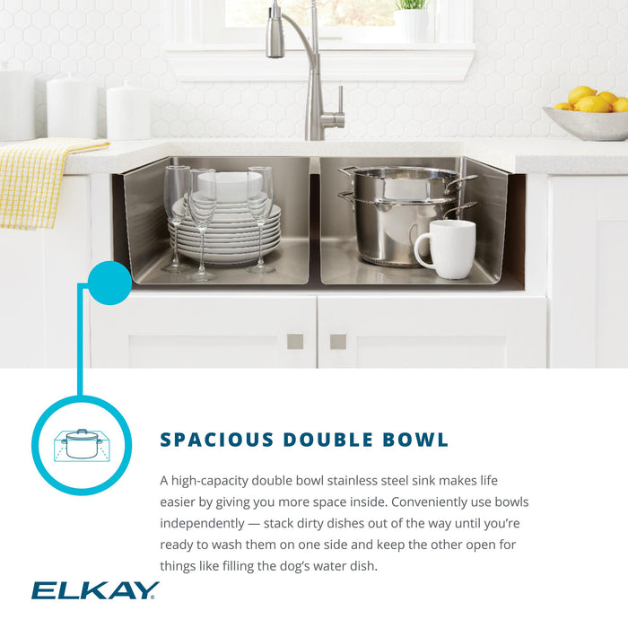 Elkay ECTSR33229TBGFR2 33" x 22" Stainless Steel Double-Bowl Dual-Mount Kitchen Sink Kit in Polished Satin