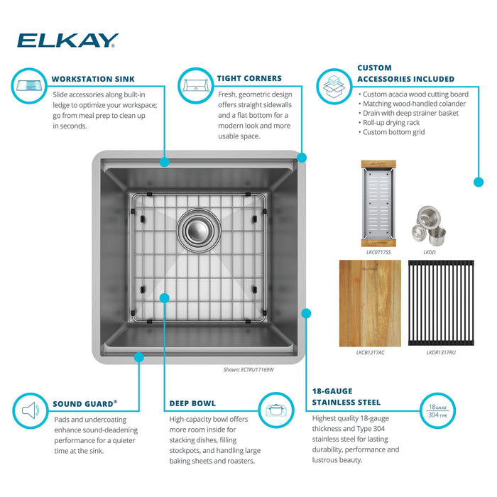 Elkay ECTRU17169W 18-1/2" x 18-1/2" Stainless Steel Single-Bowl Undermount Bar/Prep Sink Kit in Polished Satin