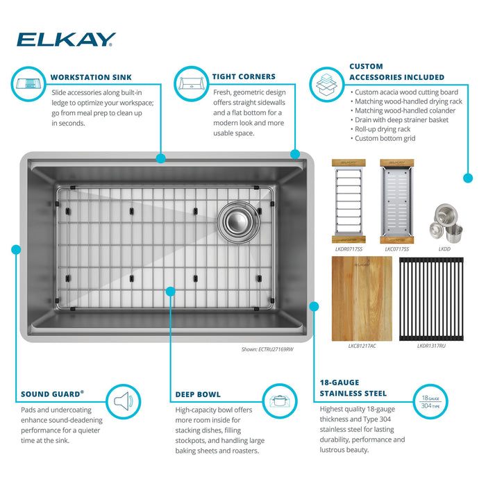 Elkay ECTRU27169RW 28-1/2" x 18-1/2" Stainless Steel Single-Bowl Undermount Kitchen Sink Kit in Polished Satin
