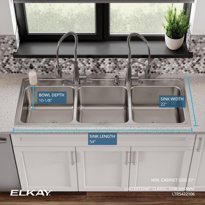 Elkay LTR5422106 54" x 22" Stainless Steel 6-Hole Triple-Bowl Drop-In Kitchen Sink in Lustrous Satin