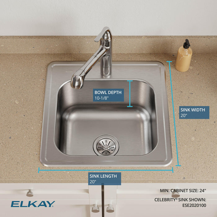 Elkay ESE2020100 20" x 20" Stainless Steel Drop-In Sink in Brushed Satin