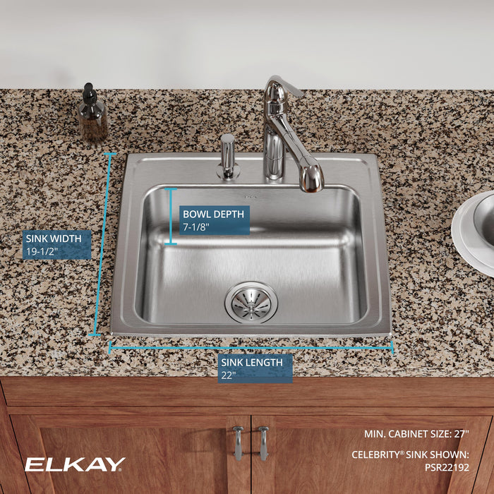 Elkay PSR22192 22" x 19-1/2" Stainless Steel 2-Hole Single-Bowl Drop-In Kitchen Sink in Brushed Satin