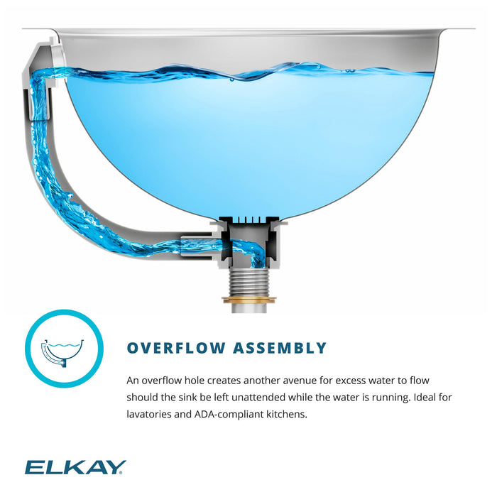 Cutaway diagram of an Elkay bathroom sink with overflow assembly