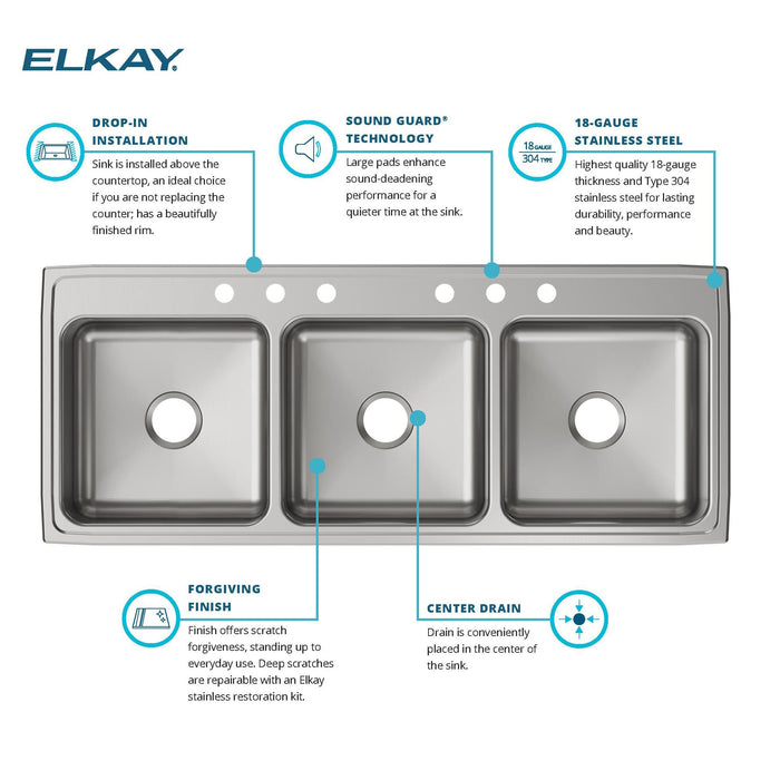 Elkay LTR5422106 54" x 22" Stainless Steel 6-Hole Triple-Bowl Drop-In Kitchen Sink in Lustrous Satin