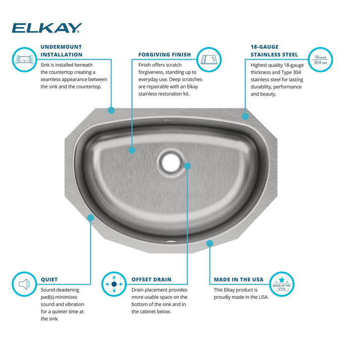 Dimension drawing for Elkay ELUH1811 19-1/2" x 13-5/16" Stainless Steel Single-Bowl Undermount Bathroom Sink in Lustrous Satin