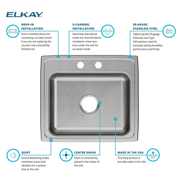 Elkay PSR22192 22" x 19-1/2" Stainless Steel 2-Hole Single-Bowl Drop-In Kitchen Sink in Brushed Satin