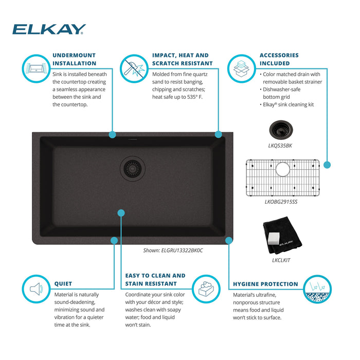 Elkay ELGRU13322BK0C 33" x 18-23/50" Quartz Single-Bowl Undermount Kitchen Sink Kit in Black