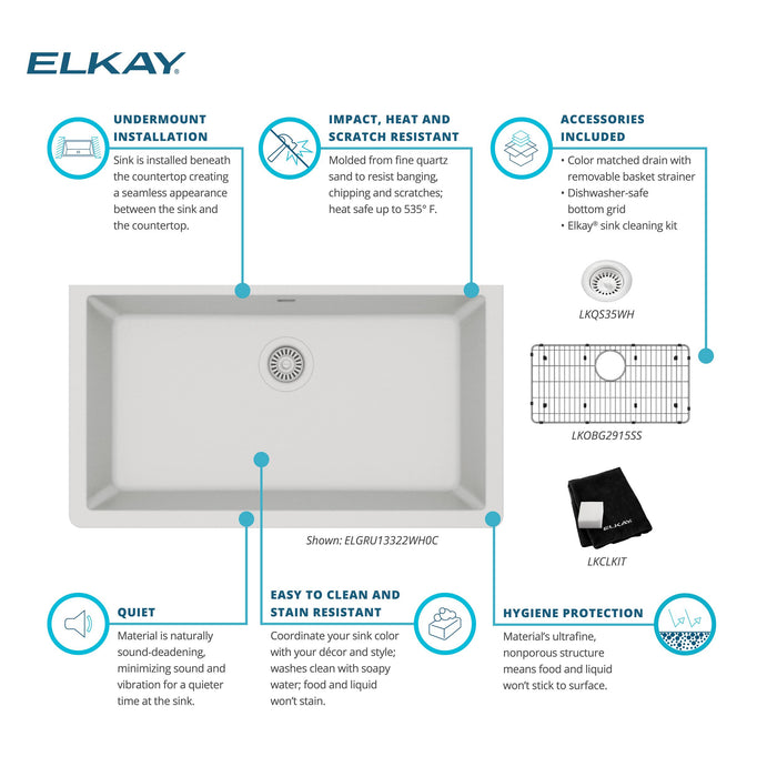 Elkay ELGRU13322WH0C 33" x 18-23/50" Quartz Single-Bowl Undermount Kitchen Sink Kit in White