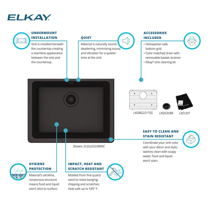Elkay ELGU2522BK0C Quartz Single-Bowl Undermount Kitchen Sink Kit in Black