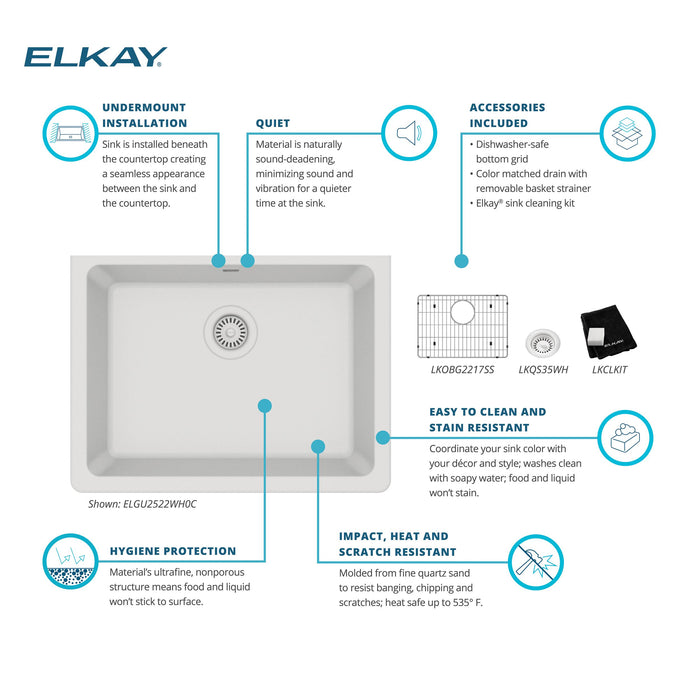 Elkay ELGU2522WH0C Quartz Single-Bowl Undermount Kitchen Sink Kit in White