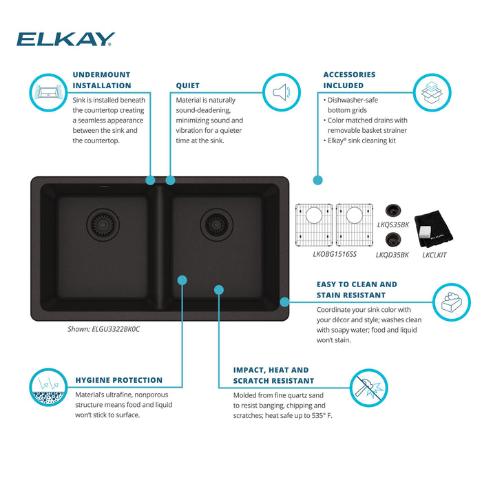 Elkay ELGU3322BK0C 33" x 18-1/2" Quartz Double-Bowl Undermount Kitchen Sink Kit in Black