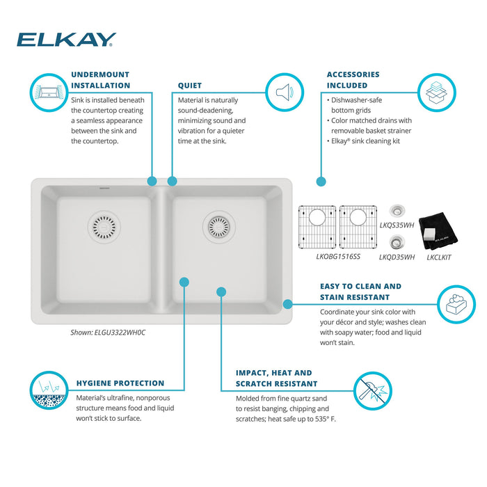 Elkay ELGU3322WH0C 33" x 18-1/2" Quartz Double-Bowl Undermount Kitchen Sink Kit in White