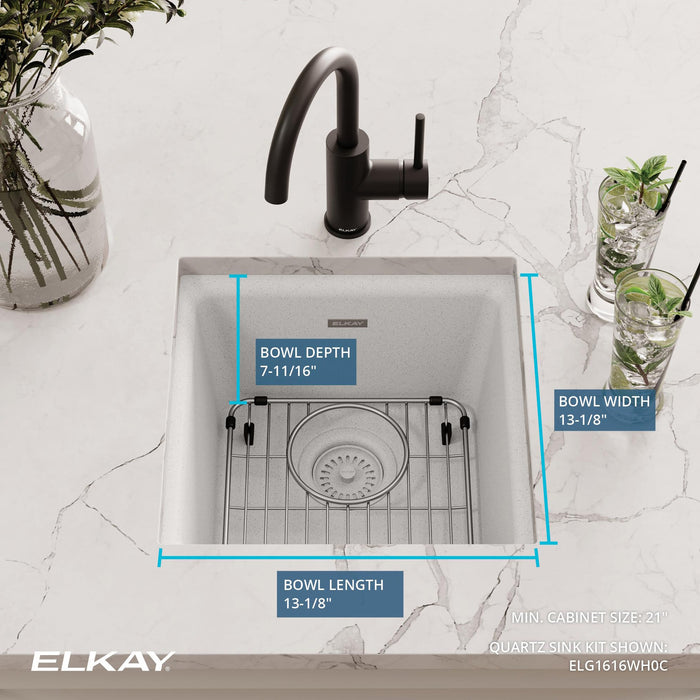 Elkay ELG1616WH0C 15-3/4" x 15-3/4" Quartz Single-Bowl Dual-Mount Bar/Prep Sink Kit in White