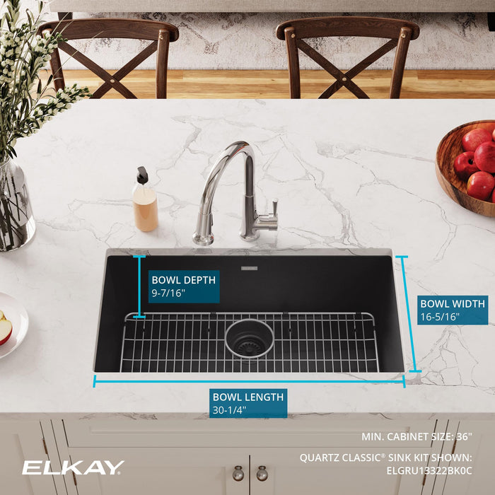 Elkay ELGRU13322BK0C 33" x 18-23/50" Quartz Single-Bowl Undermount Kitchen Sink Kit in Black