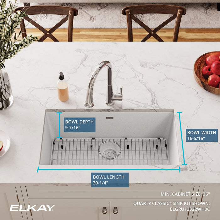 Elkay ELGRU13322WH0C 33" x 18-23/50" Quartz Single-Bowl Undermount Kitchen Sink Kit in White