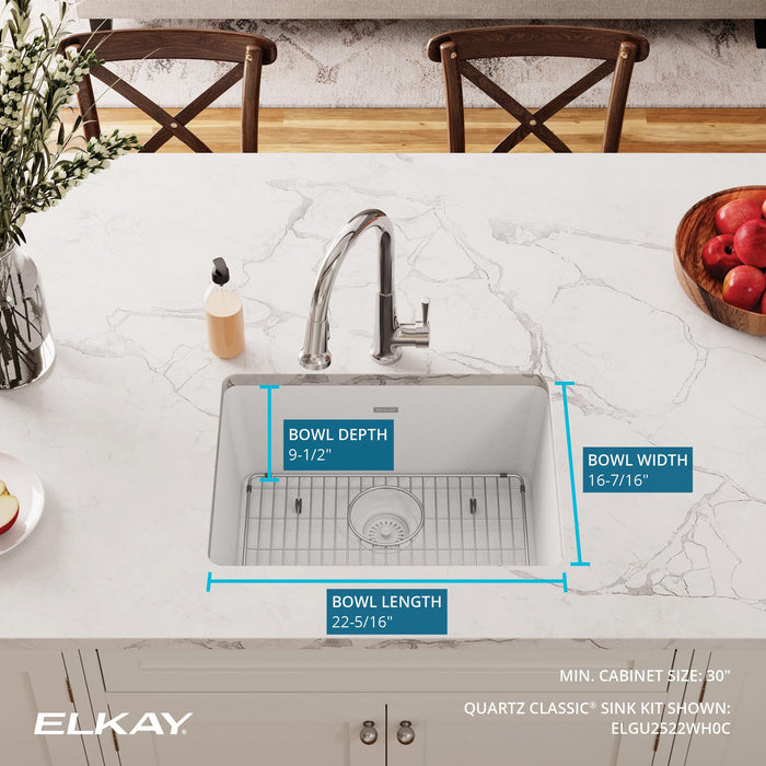 Elkay ELGU2522WH0C Quartz Single-Bowl Undermount Kitchen Sink Kit in White