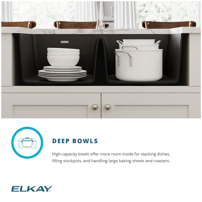 Elkay ELGU3322WH0C 33" x 18-1/2" Quartz Double-Bowl Undermount Kitchen Sink Kit in White