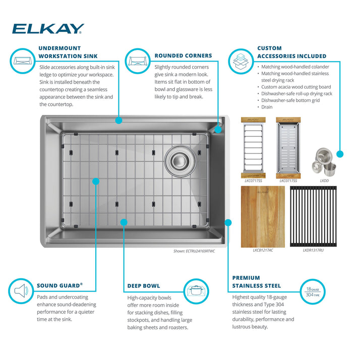 Elkay ECTRU24169RTWC 25-1/2" x 18-1/2" Stainless Steel Single-Bowl Undermount Kitchen Sink Kit in Polished Satin