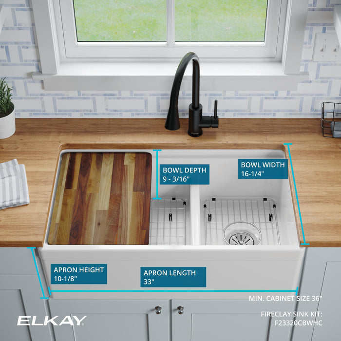 Elkay F23320CBWHC 33" x 19-23/25" Fireclay Double-Bowl Farmhouse Kitchen Sink Kit in White