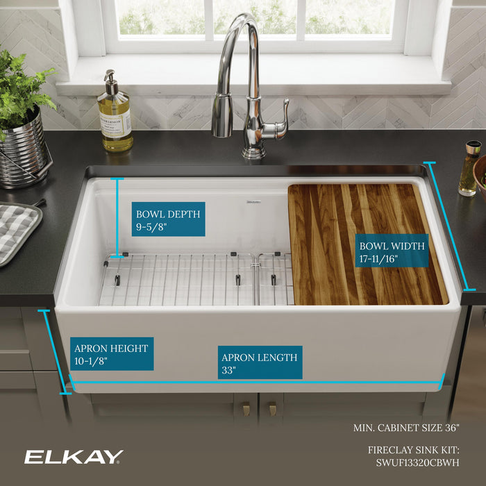 Elkay SWUF13320CBWH Fireclay Single-Bowl Farmhouse Kitchen Sink Kit in White
