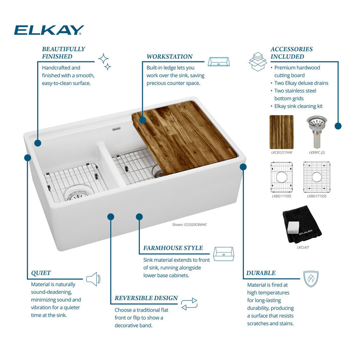 Elkay F23320CBWHC 33" x 19-23/25" Fireclay Double-Bowl Farmhouse Kitchen Sink Kit in White