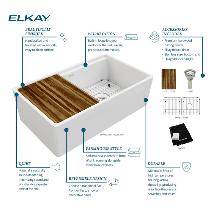 Elkay SWUF13320CBWH Fireclay Single-Bowl Farmhouse Kitchen Sink Kit in White