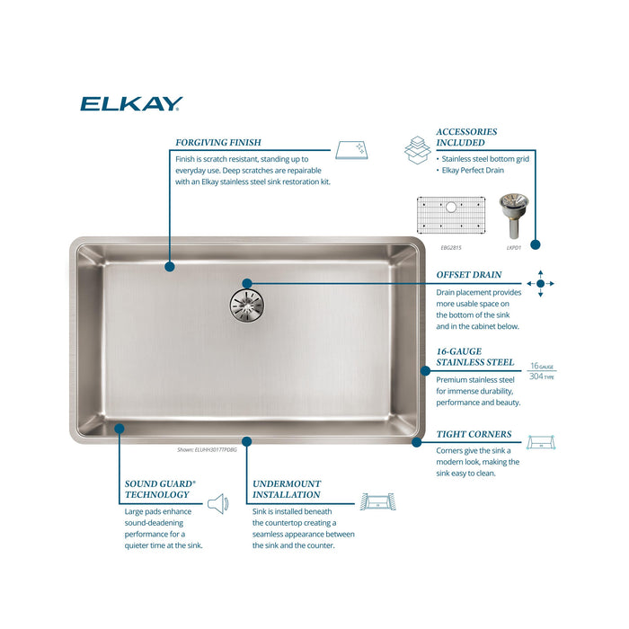 Elkay ELUHH3017TPDBG 32-1/2" x 19-1/2" Stainless Steel Single-Bowl Undermount Kitchen Sink Kit in Luminous Satin