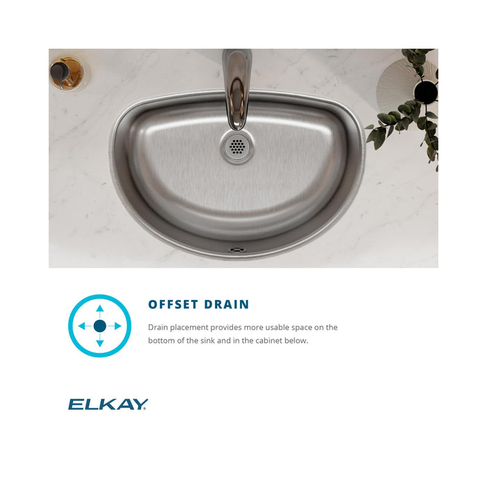 Oval stainless steel bathroom sink showing the offset drain