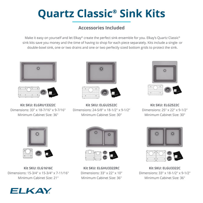 Elkay ELGRU13322BK0C 33" x 18-23/50" Quartz Single-Bowl Undermount Kitchen Sink Kit in Black