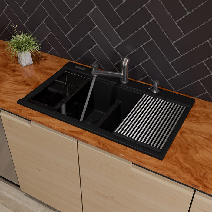ALFI brand AB3418DBDI-BLA Black 33" Granite Composite Workstation Step Rim Double Bowl Drop In Sink with Accessories