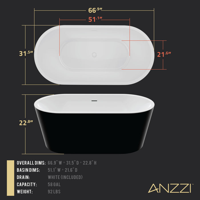 ANZZI FT-AZ098BK Chand 67" Acrylic Flatbottom Freestanding Bathtub in Black