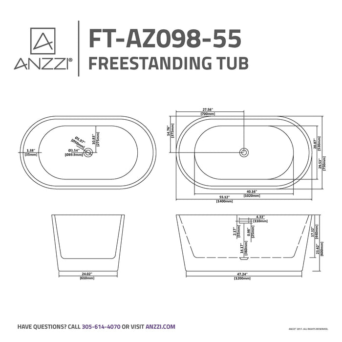 ANZZI FT-AZ098-55 Chand 55" Acrylic Flatbottom Freestanding Bathtub in White