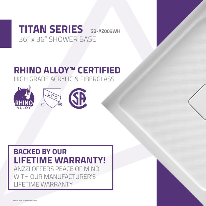 ANZZI SB-AZ009WH Titan Series 36" x 36" Double Threshold Shower Base in White