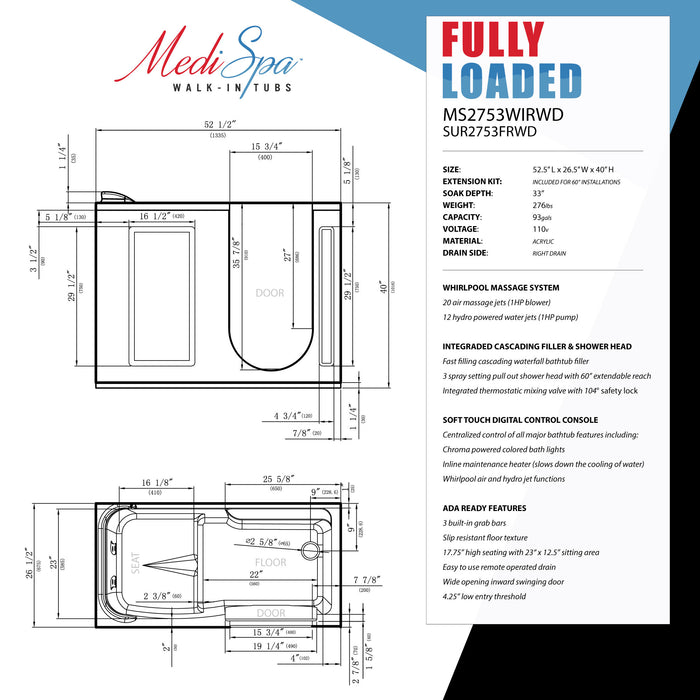 ANZZI 2753WILWD 56.5" x 60" Left Drain Walk-In Whirlpool and Air Tub with Total Spa Suite in White