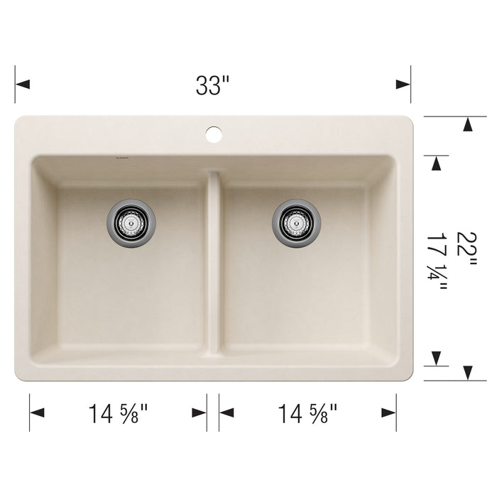Blanco 443209 Liven SILGRANIT 33" 50/50 Double Bowl Dual Mount Kitchen Sink in Soft White