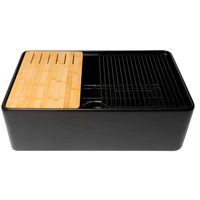 ALFI Brand ABFS3320S-BM Black Matte Workstation 33" x 20" Single Bowl Step Rim Fireclay Farm Sink