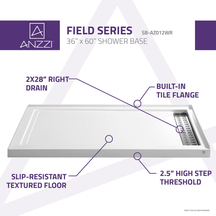 ANZZI SB-AZ012WR Field Series 60" x 36" Shower Base in White