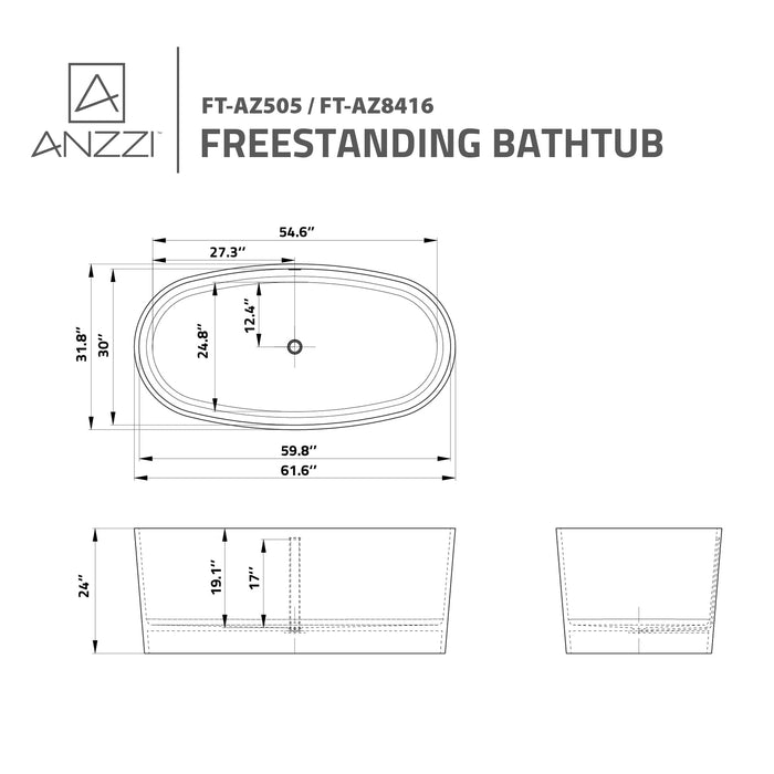 ANZZI FT-AZ8416 Bellentin 5.1 ft. Solid Surface Center Drain Freestanding Bathtub in Matte White