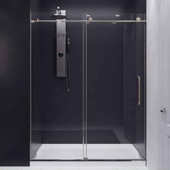 Leon Series 60 in. by 76 in. Frameless Sliding Shower Door in Brushed Nickel with Handle