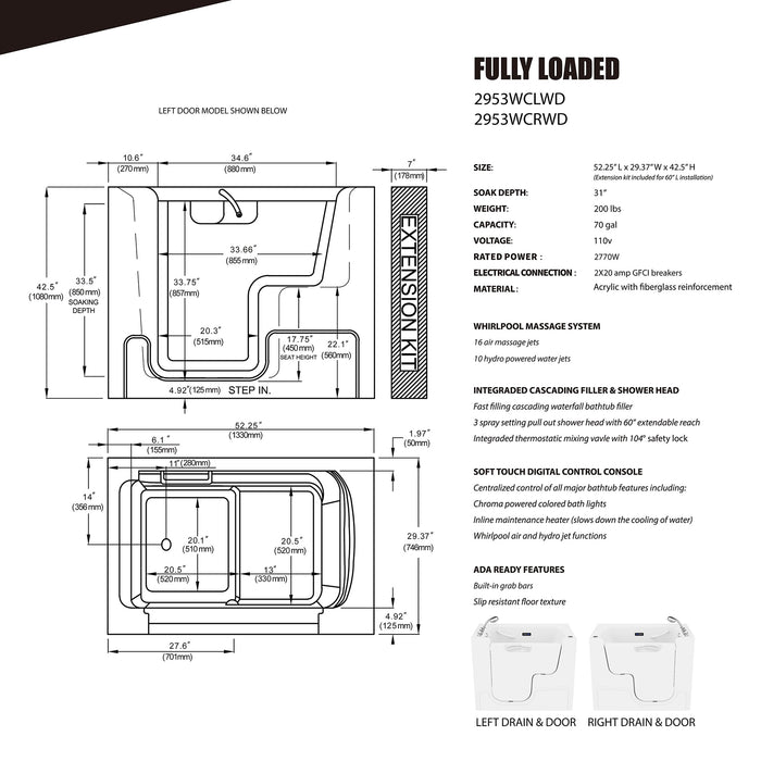 ANZZI 2953WCRWD Right Drain Fully Loaded Wheelchair Access Walk-in Tub with Air and Whirlpool Jets Hot Tub