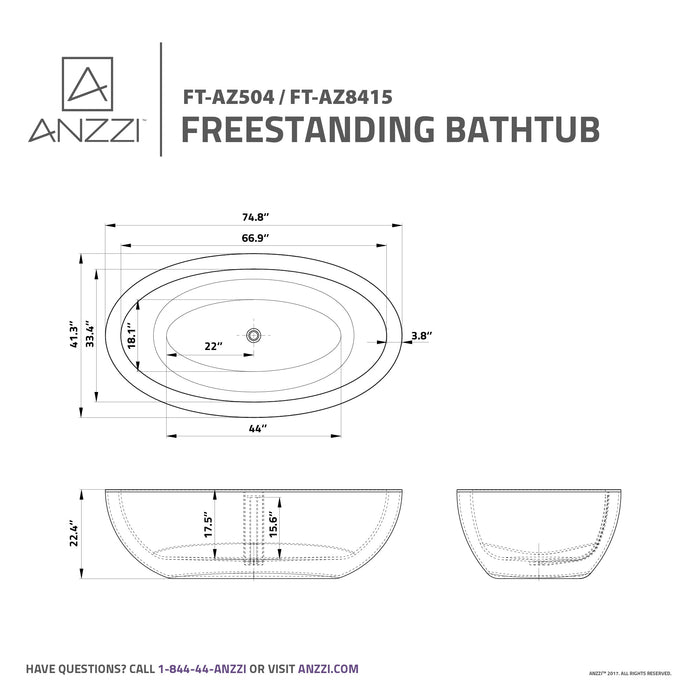 ANZZI FT-AZ504 Lusso 6.3 ft. Solid Surface Center Drain Freestanding Bathtub in Matte White
