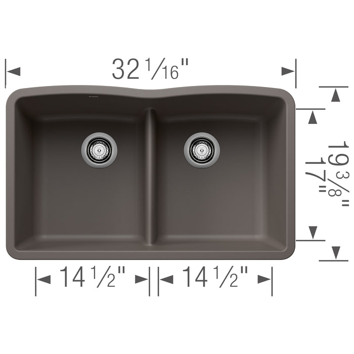 Blanco 443106 Diamond SILGRANIT 32" 50/50 Double Bowl Undermount Kitchen Sink in Volcano Gray