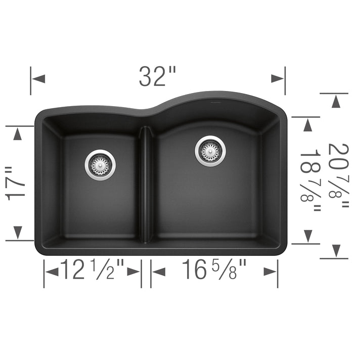 Blanco 441598 Diamond SILGRANIT 32" 40/60 Reverse Double Bowl Undermount Kitchen Sink in Anthracite